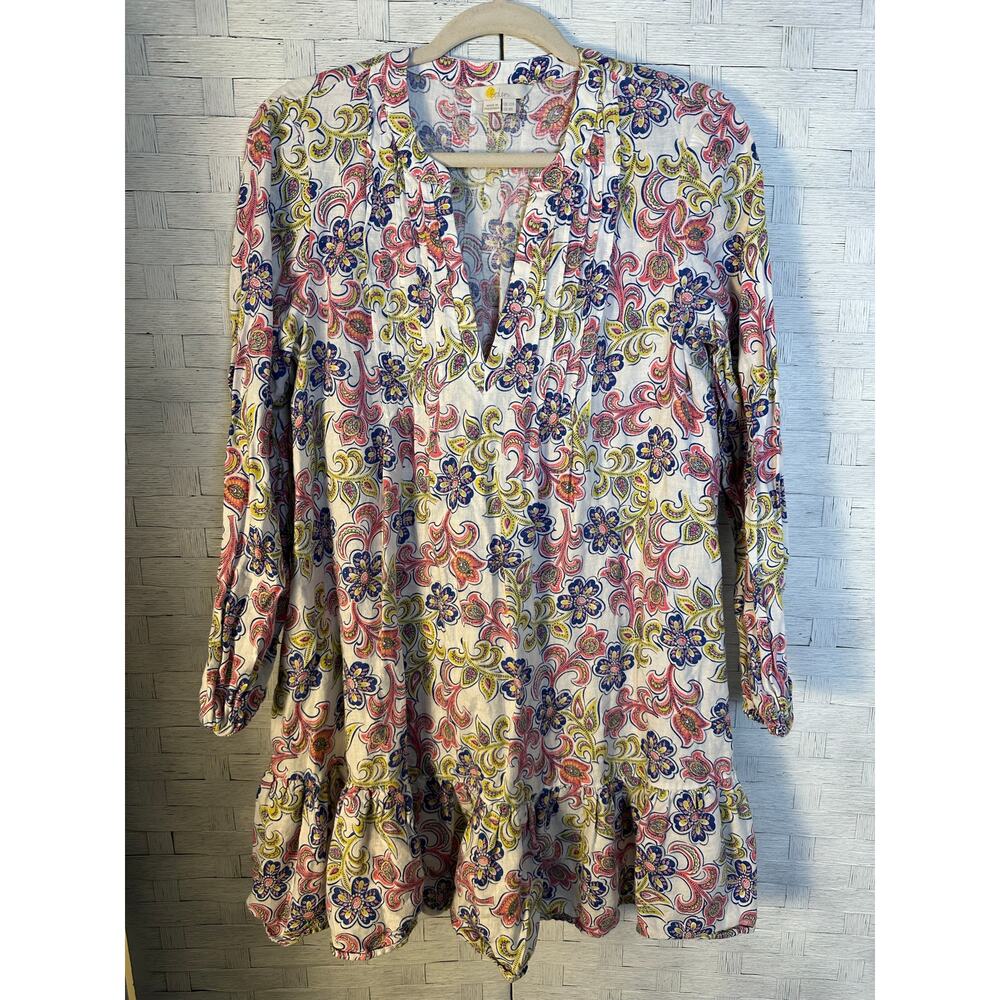 Boden women's mini dress linen bohemian Paisley balloons sleeve feminine ruffles